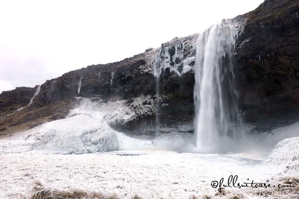 Seljalandsfoss Waterfall Iceland and winter landscape