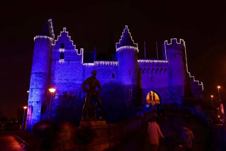 Antwerp Steen castle lit at night during annual Christmas market, Belgium