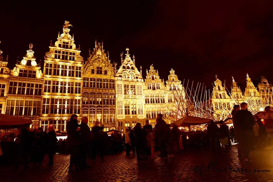 Grote Markt buildings lit at night during Antwerp Christmas market