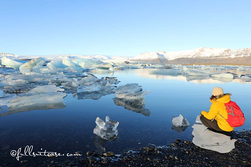 Hiker at Jokulsarlon Glacier Lagoon in Iceland