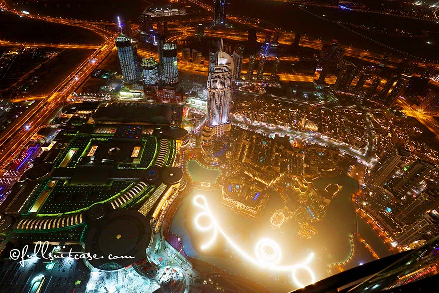 Dubai Fountain Show at night as seen from the top of Burj Khalifa