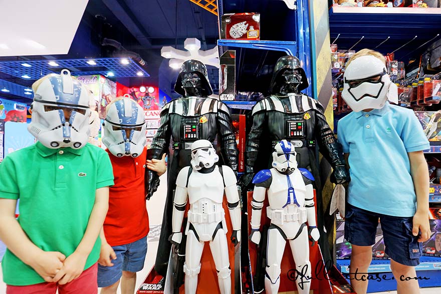 Children wearing masks at a Star Wars Stand at a toy store in Dubai mall