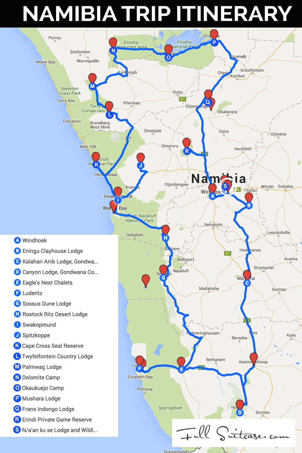 Complete Namibia trip itinerary map