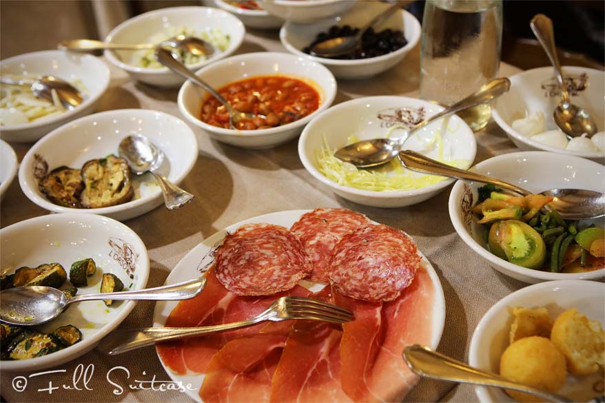 Big variety of Italian antipasti at a restaurant in Rome