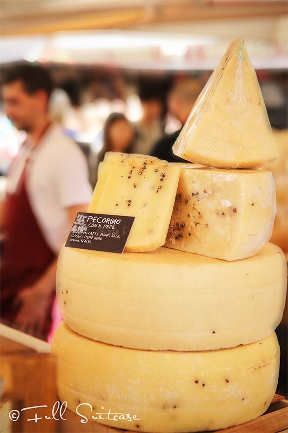 Italian Pecorino cheese for sale at Campo de Fiori market in Rome