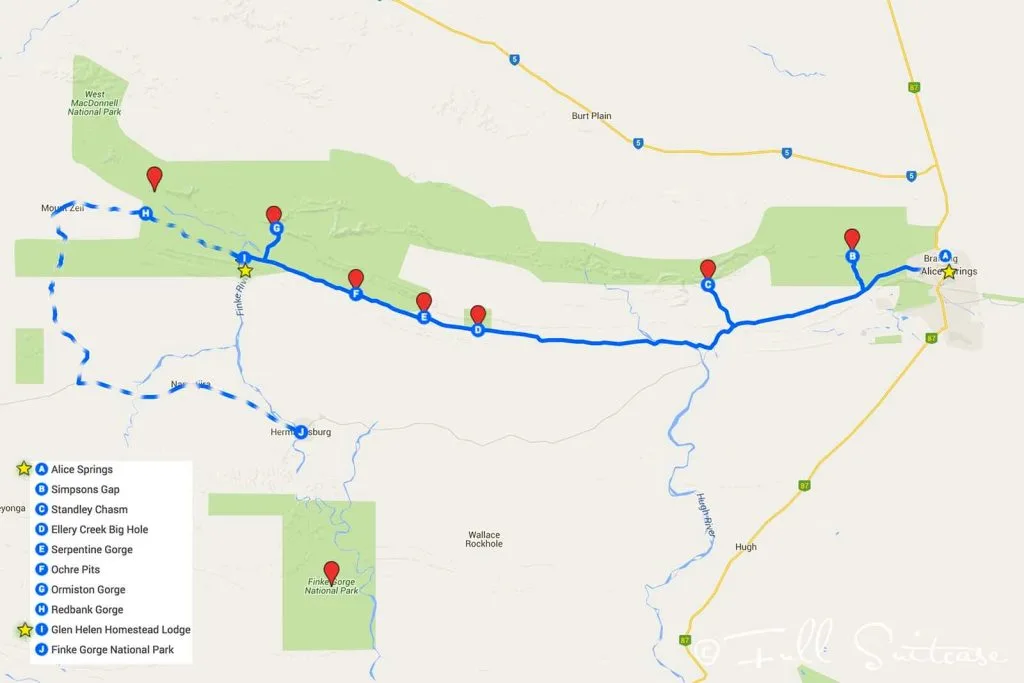 West MacDonnell Ranges itinerary and route map
