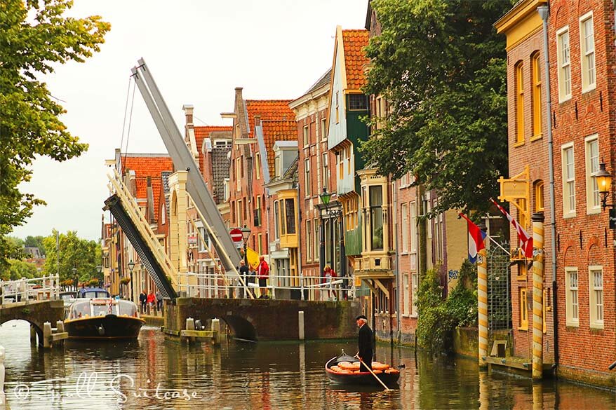 Alkmaar canals and a traditional boat filled with cheese