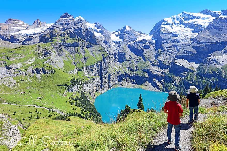 Kids hiking at Oeschinensee Kandersteg Switzerland