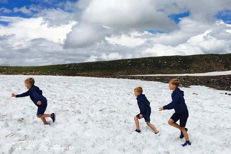 Kids playing in the snow in summer - Trail Ridge Road Rocky Mountains