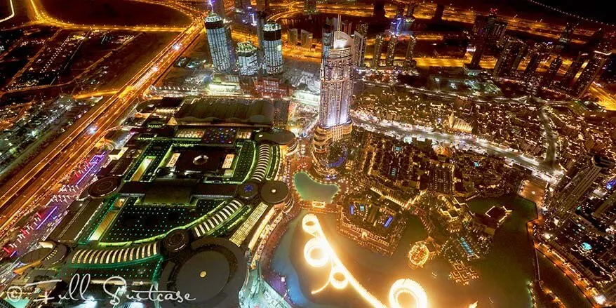 Dubai fountain show as seen from At the Top Burj Khalifa at night