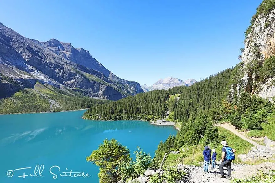 Family hiking at Oeschinen Lake with kids