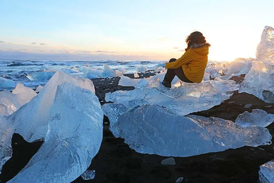 Icebergs on Jokulsarlon Diamond beach in Iceland in winter