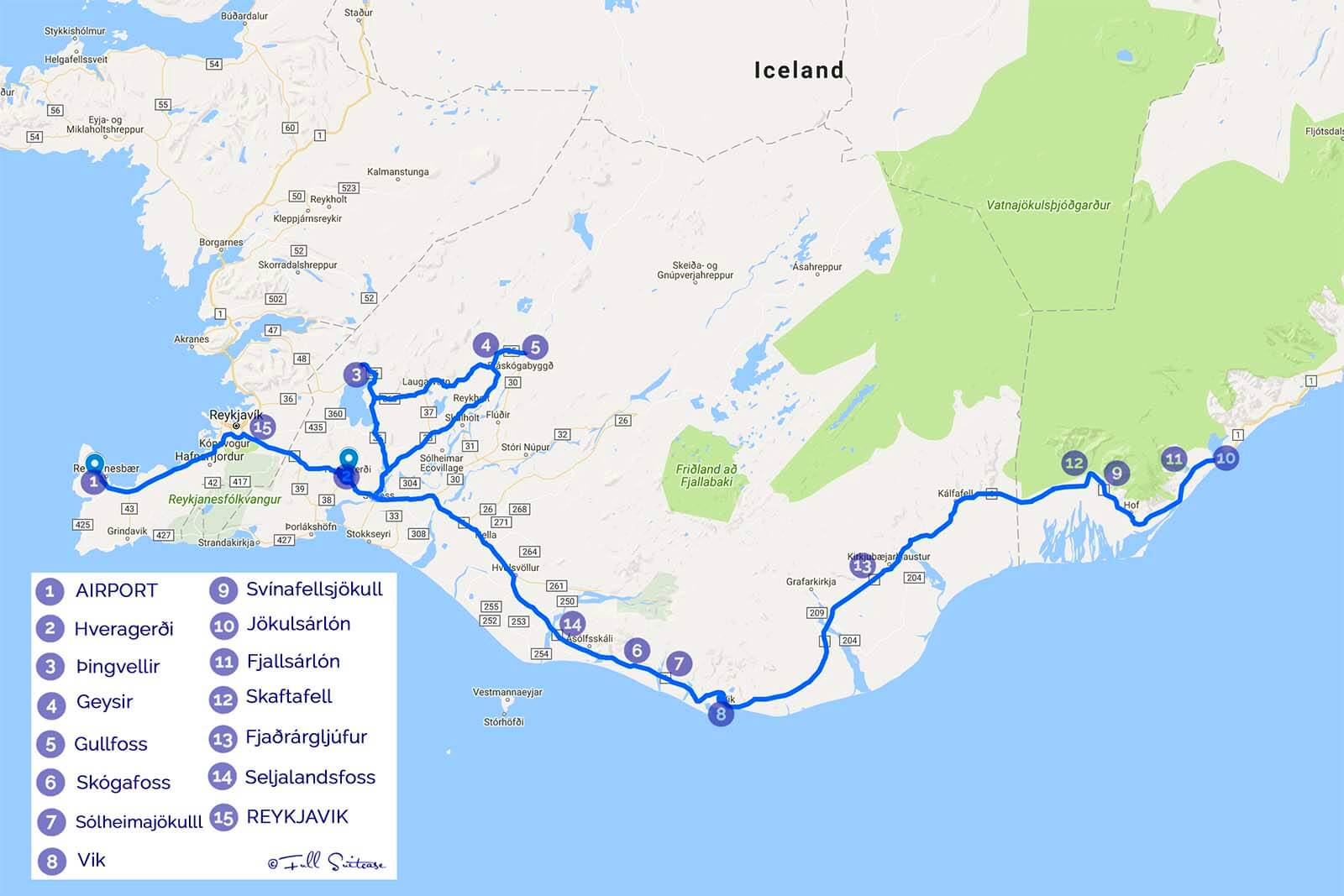 Suggested Iceland winter trip itinerary map