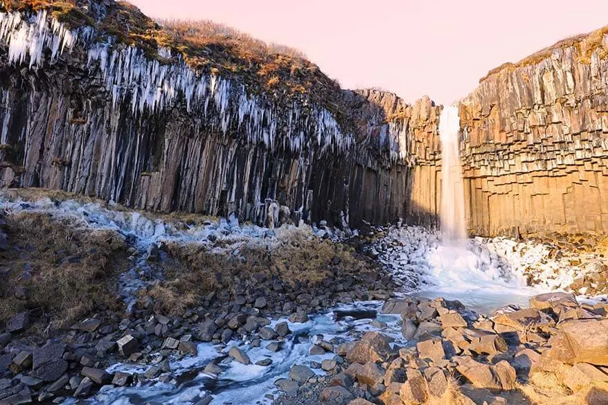 Svartifoss waterfall in Skaftafell NP in Iceland in winter