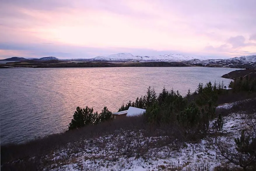 Winter sunrise over a lake at Thingvellir National Park along the Golden Circle in Iceland