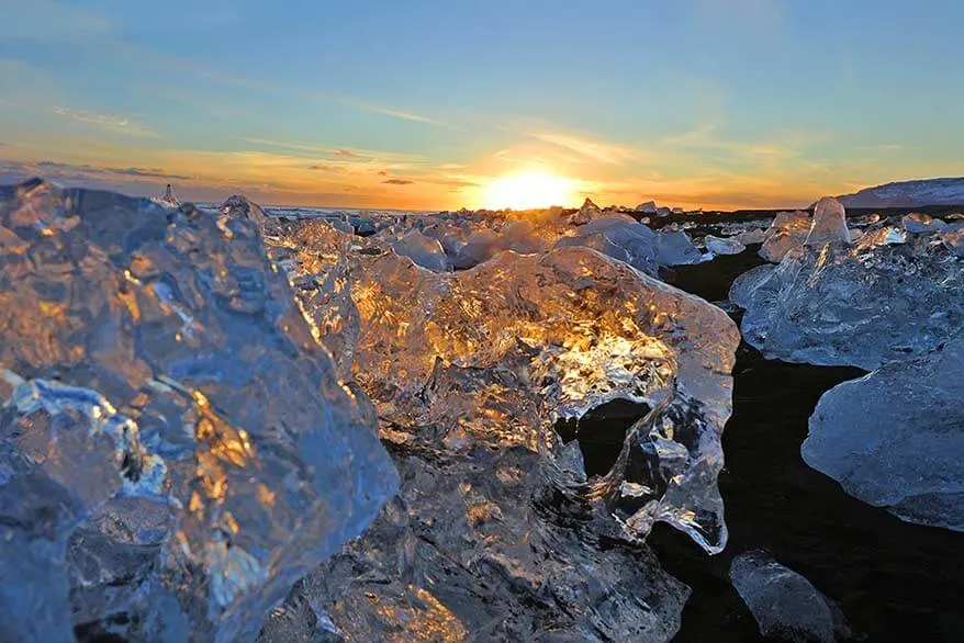 Iceland winter wonderland - icebergs on Jokulsarlon beach in winter