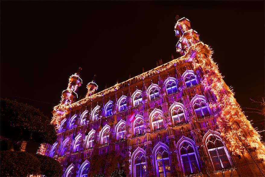 Leuven city hall decorated for the 2016 Christmas season