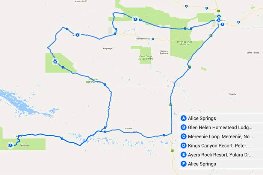 Map of Australia Red Centre Road Trip Itinerary: Alice Springs to Uluru