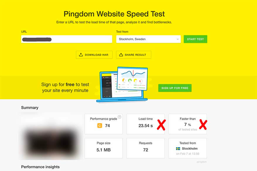 Speed test of a very slow website that hasn't been optimized for speed