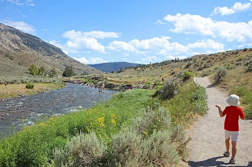 Boiling river in Yellowstone with kids