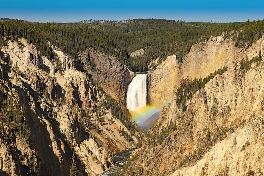 Grand Canyon of Yellowstone - view from Artist Point with a rainbow over the waterfall
