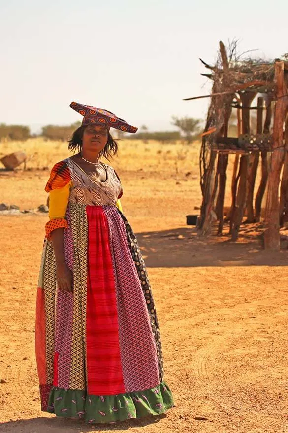 Herero woman wearing a traditional colonial costume in Namibia