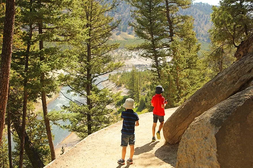 Hiking the Tower Fall trail in Yellowstone with kids