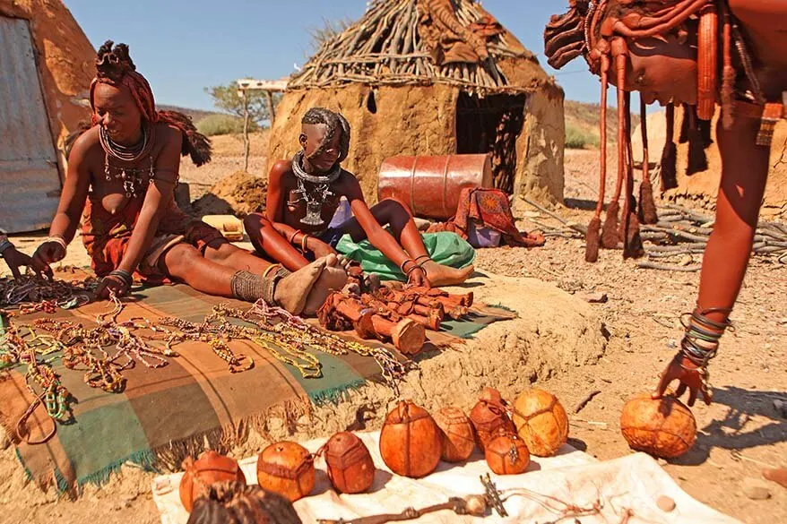 Himba women in Namibia selling traditional hand-made souvenirs