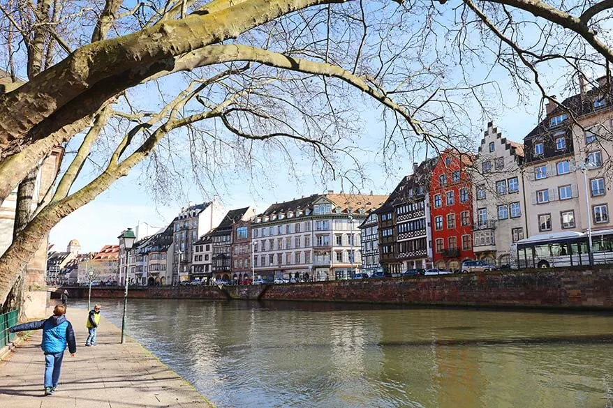 Walking along the Canal des Faux Remparts in Strasbourg with kids