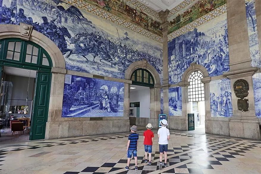 Portuguese azulejos at Sao Bento railway station in Porto Portugal