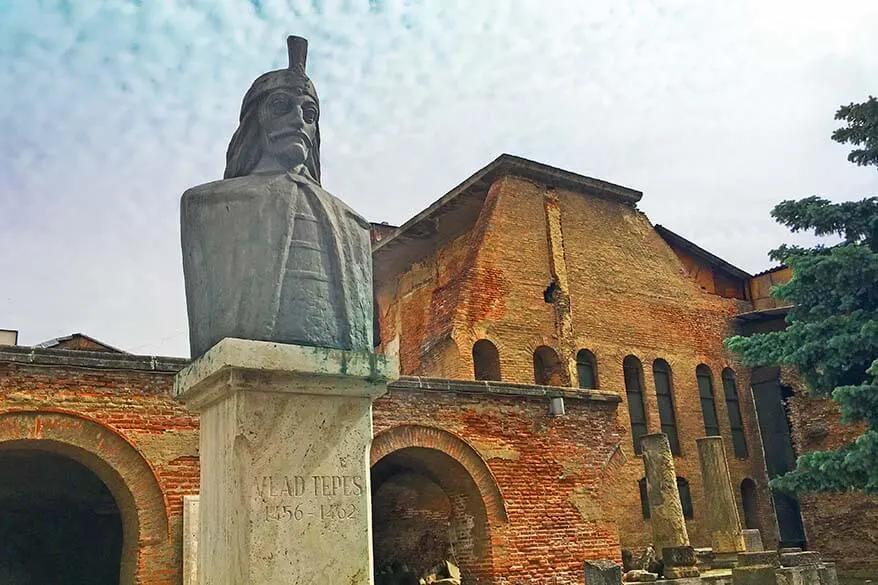 Statue of Dracula at Curtea Veche archeological site in Bucharest