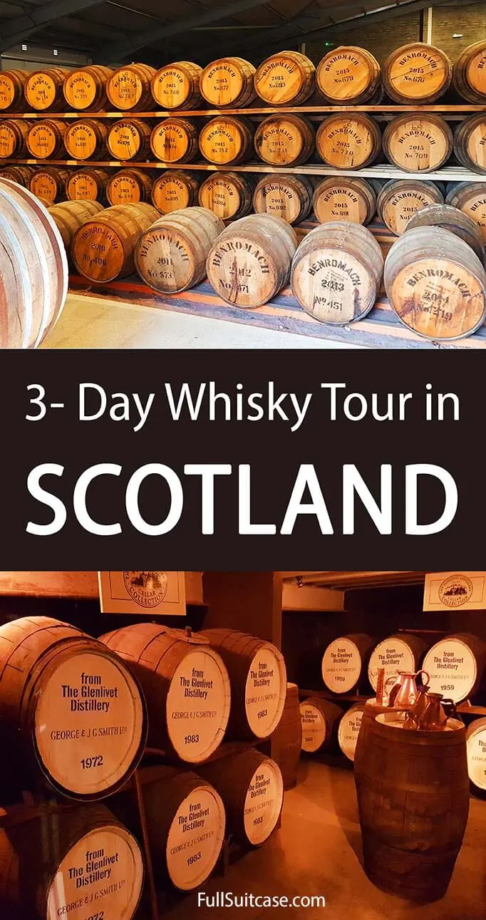 3- day whisky tour itinerary for Speyside region in Scotland. Visit Glenfiddich, the Glenlivet, and many other whisky distilleries. Discover the most famous landmarks and stunning landscapes of Scotland!