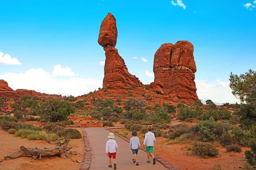 Balanced Rock in Arches with kids