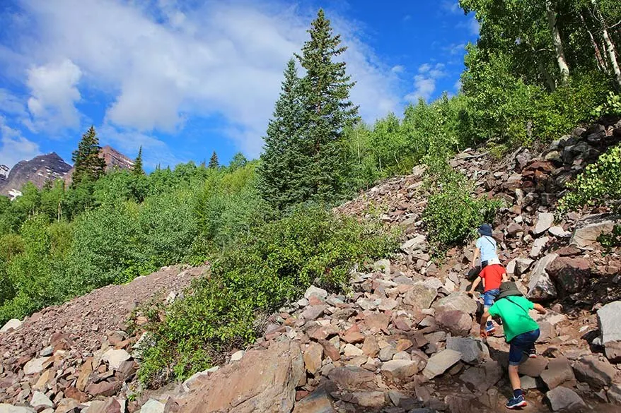 The more challenging part of Crater Lake Trail at Maroon Bells with kids