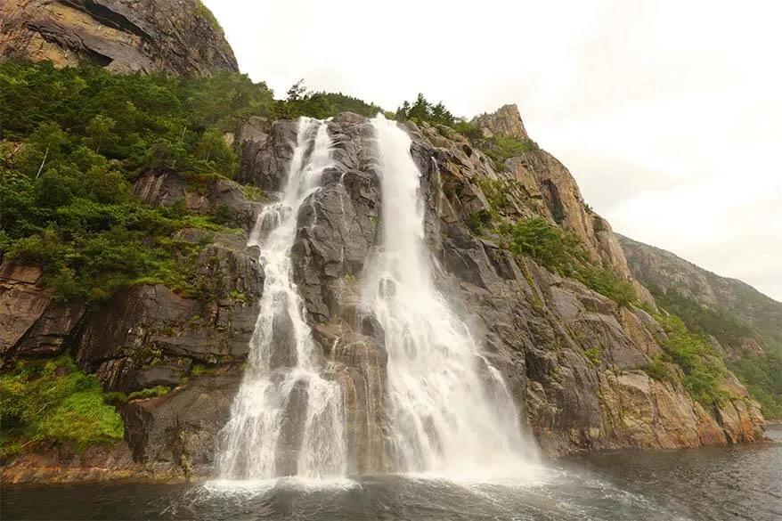 Hengjanefossen waterfall as seen from Lysefjord cruise in Norway