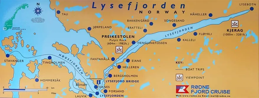 Mapa del crucero por Lysefjord y caminata por el Púlpito