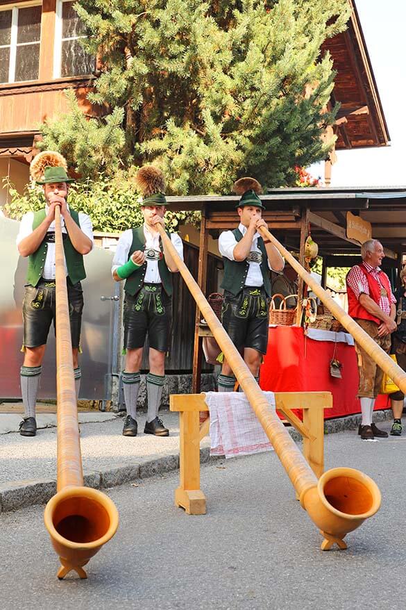 Austrian alpbhorn - Alps horn performance during the transhumance and annual farmers market in Alpbachtal Tyrol