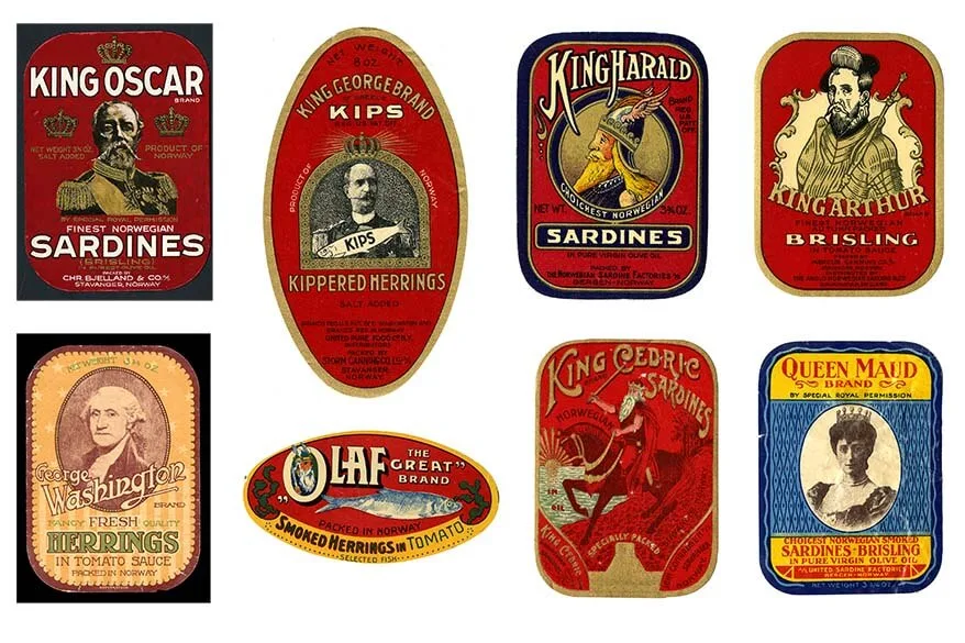 Canned fish retro labels from Norwegian Canning Museum in Stavanger