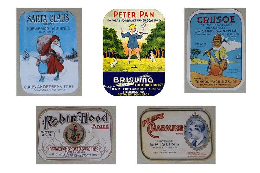 Canned fish retro labels with the fairy tale heroes - The Norwegian Canning Museum Stavanger