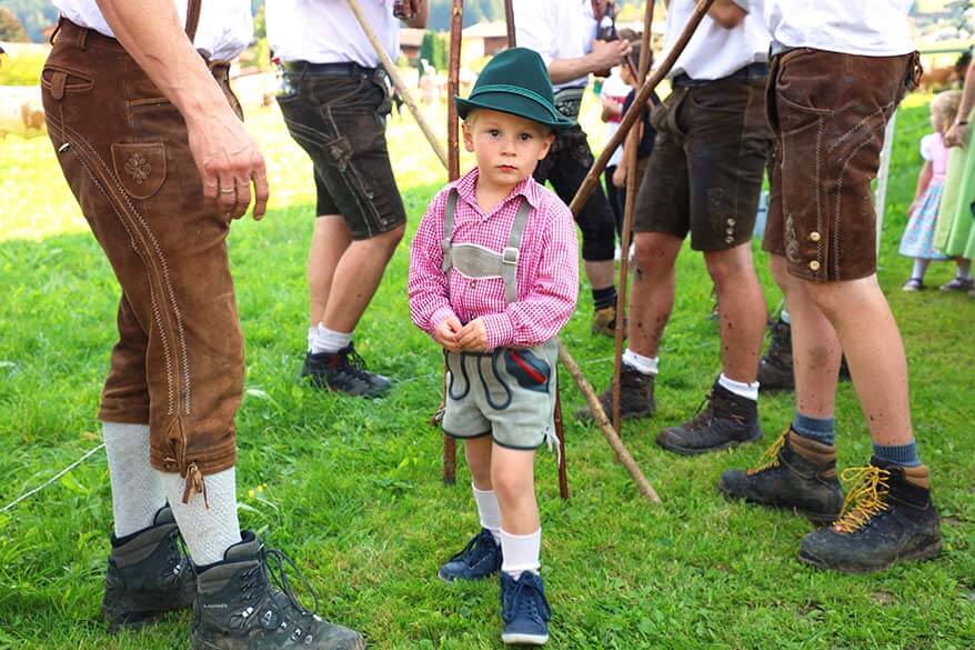 Farmers celebrating Almabtrieb cattle drive in Tyrol Austria