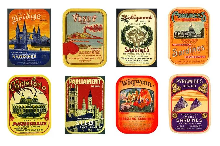 Norwegian canned sardines labels from the beginning of the 20th century