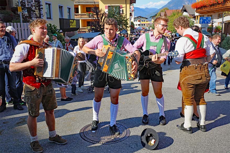 Traditional Austrian band playing music during the Almabtrieb cattle drive in Tyrol