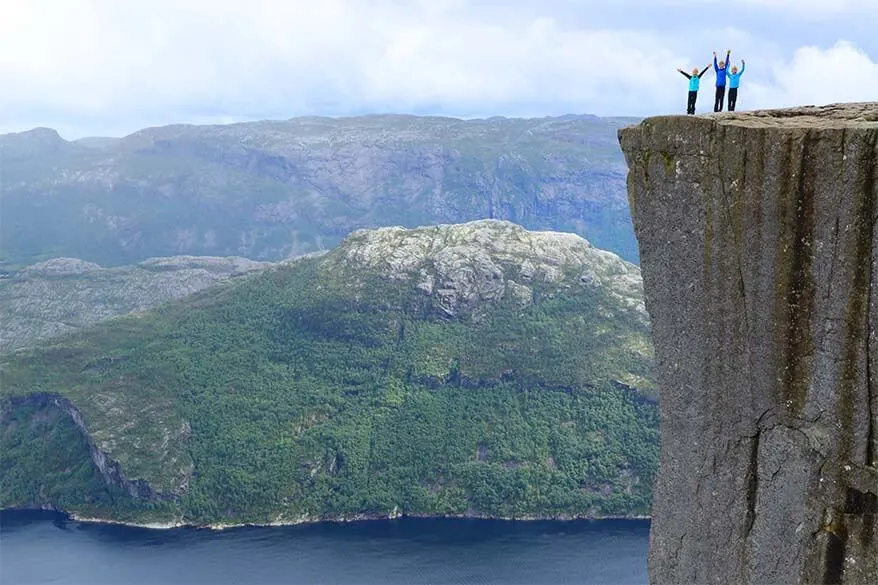 Hiking to the Pulpit Rock with kids. Preikestolen at the Lysefjord in Norway