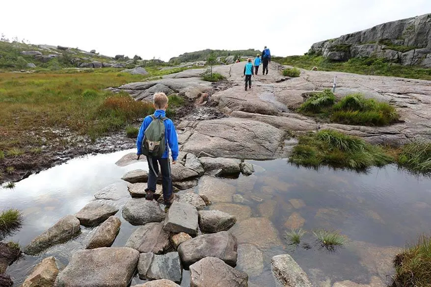 Preikestolen hike can be wet and requires good hiking shoes