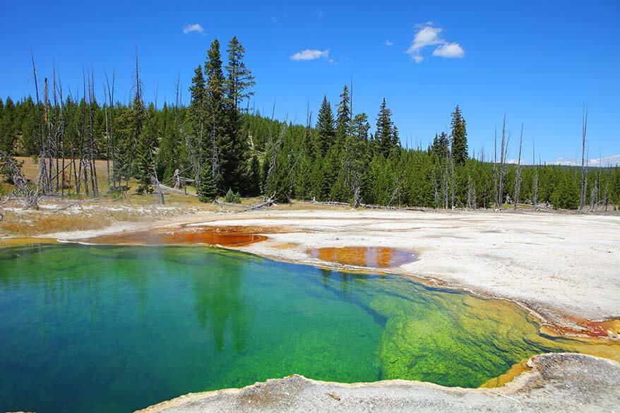 Colorful geothermal lake of West Thumb Geyser Basin in Yellowstone National Park