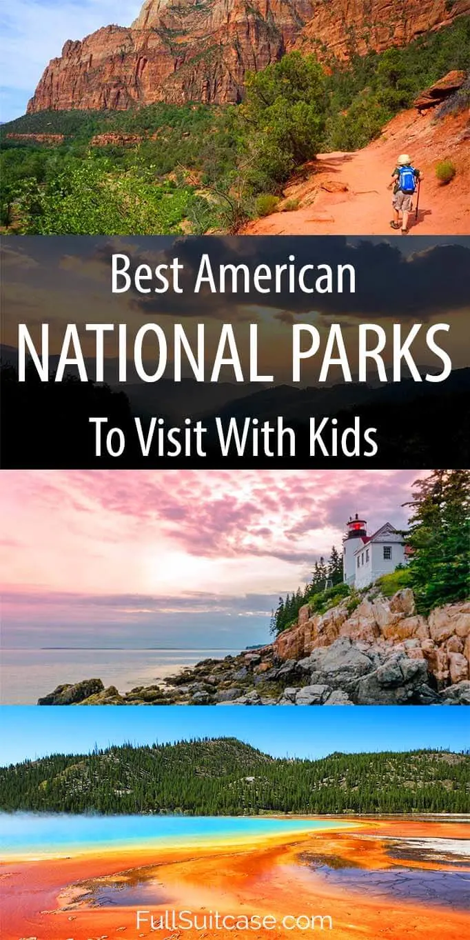 Selection of 16 most popular and best American national parks for a family vacation