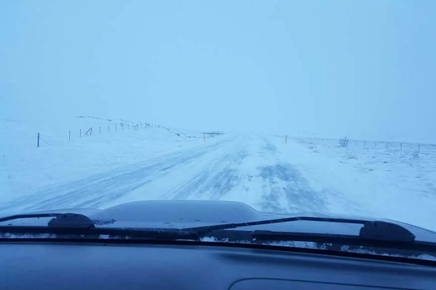 Winter driving in Iceland in the mist and snow storm