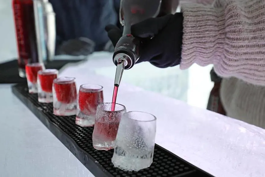 Drinks in ice glasses at an ice bar in Northern Norway