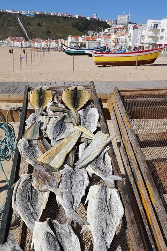 Fish drying on the wooden racks in Nazare beach Portugal