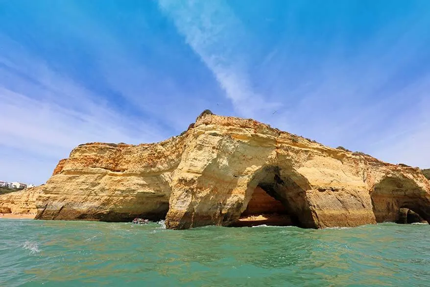 Benagil beach and Benagil caves as seen from a boat